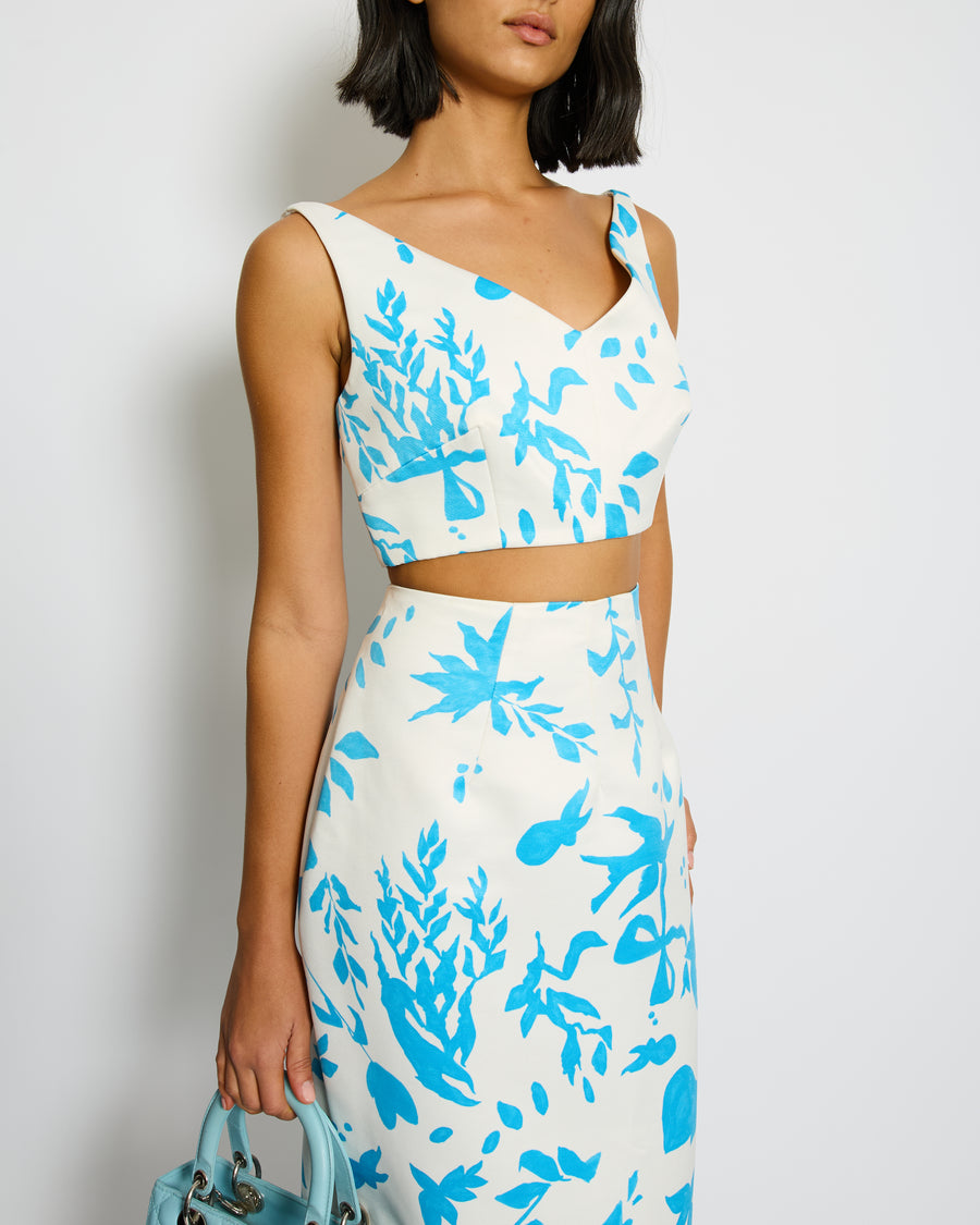 Emilia Wickstead White and Blue Floral Printed Crop Top and Midi Skirt Set Size UK 12