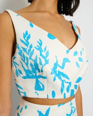 Emilia Wickstead White and Blue Floral Printed Crop Top and Midi Skirt Set Size UK 12