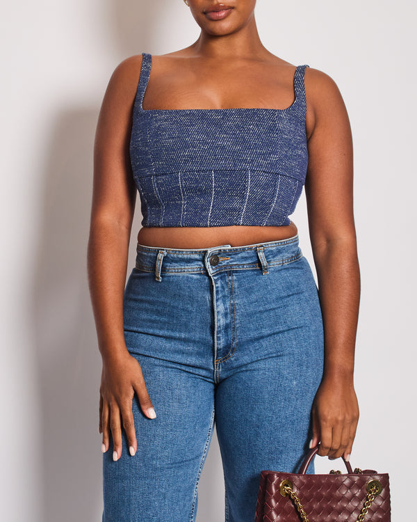 Emilia Wickstead Textured Blue Cotton Crop Top Size UK 12