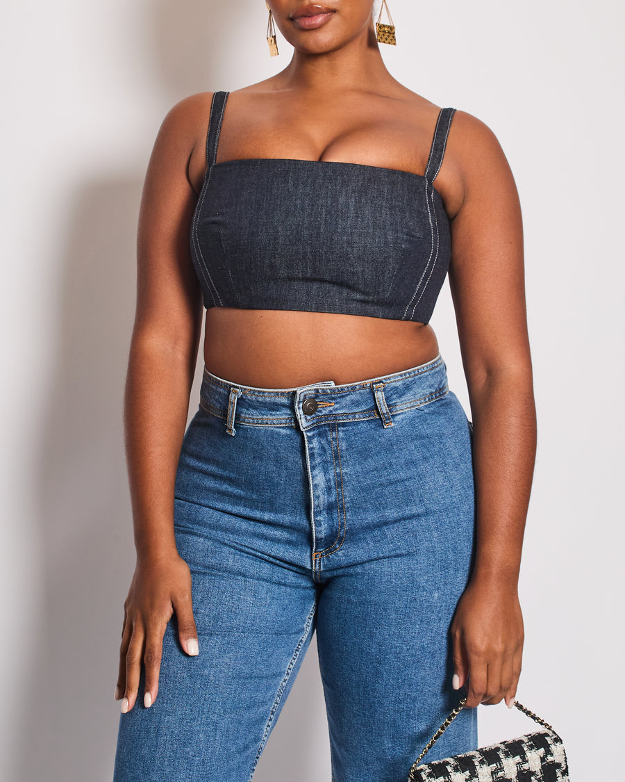Emilia Wickstead Dark Blue Denim Crop Top With Embroidered Logo Detail Size UK 12