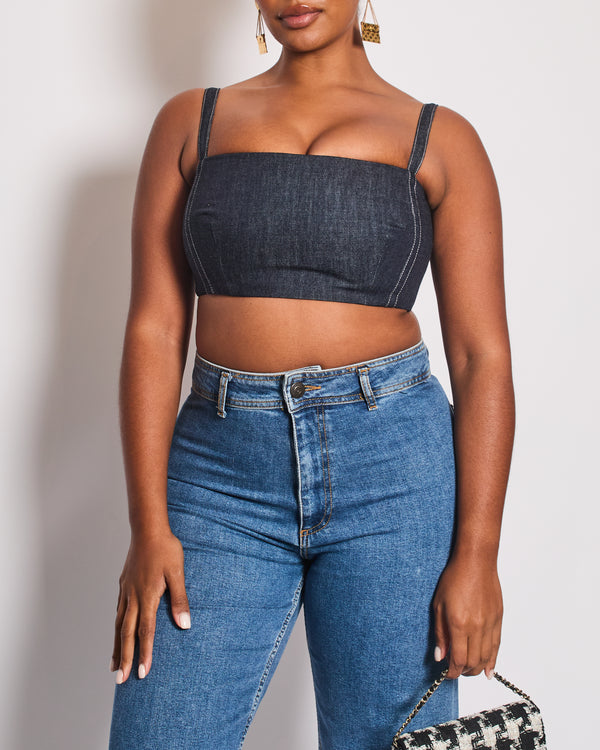 Emilia Wickstead Dark Blue Denim Crop Top With Embroidered Logo Detail Size UK 12