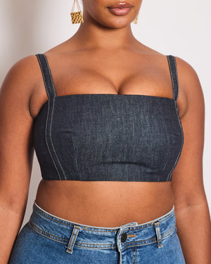 Emilia Wickstead Dark Blue Denim Crop Top With Embroidered Logo Detail Size UK 12