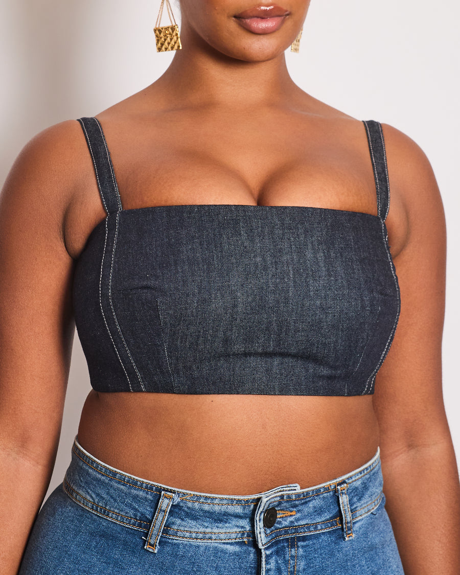 Emilia Wickstead Dark Blue Denim Crop Top With Embroidered Logo Detail Size UK 12
