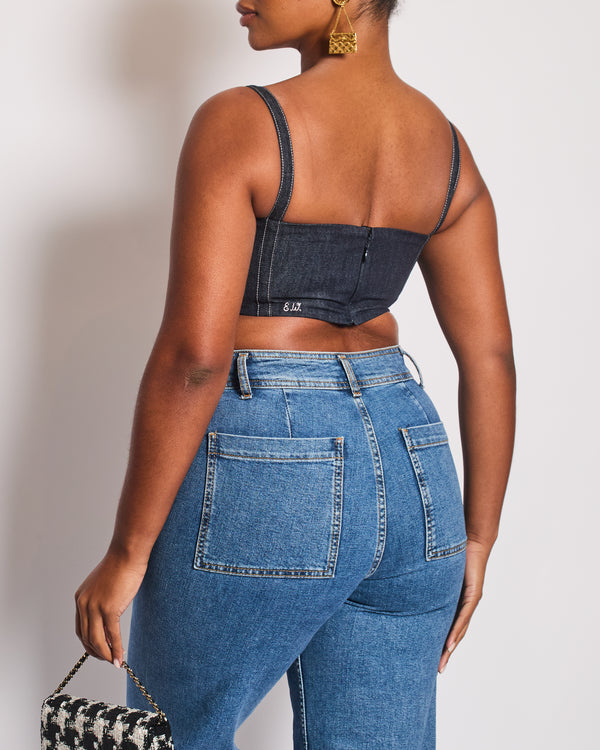 Emilia Wickstead Dark Blue Denim Crop Top With Embroidered Logo Detail Size UK 12