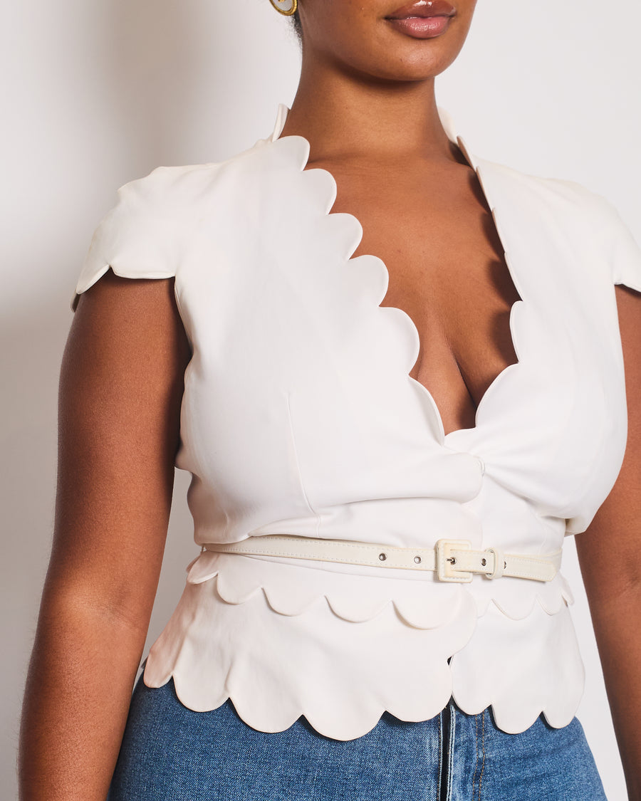 Christian Dior Ivory Short Sleeve Scalloped Edge Belted Jacket Size FR 42 (UK 14)