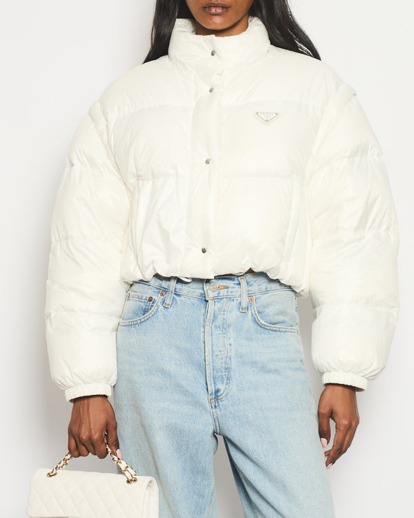 Prada White Re-Nylon Cropped Convertible Down Jacket IT 40 (UK 8) RRP £1750