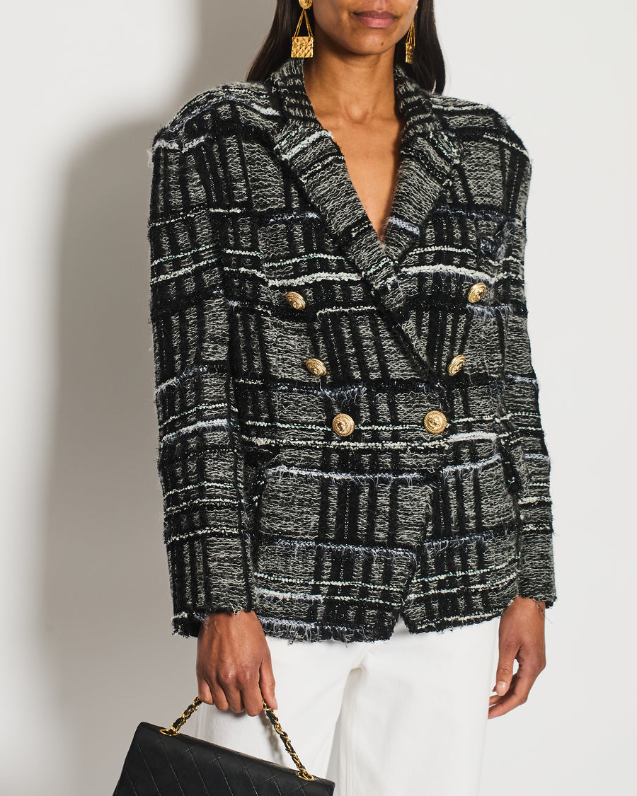 Balmain Black and Grey Checked Tweed Blazer with Gold Buttons Size FR 40 (UK 12)