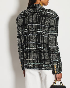 Balmain Black and Grey Checked Tweed Blazer with Gold Buttons Size FR 40 (UK 12)