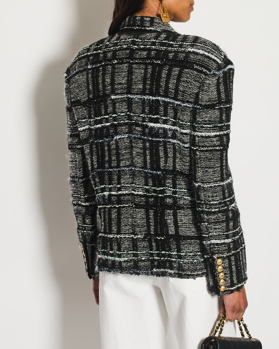 Balmain Black and Grey Checked Tweed Blazer with Gold Buttons Size FR 40 (UK 12)