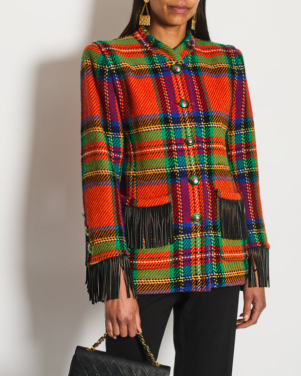 Saint Laurent 80's Vintage Multicolour Tartan Wool Jacket with Black Fringe and Button Details Size FR 34 (UK 6)