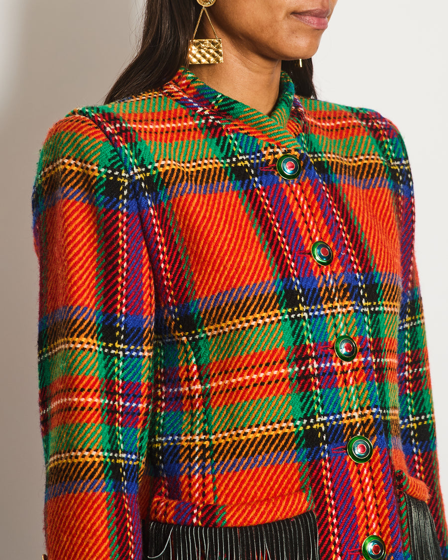 Saint Laurent 80's Vintage Multicolour Tartan Wool Jacket with Black Fringe and Button Details Size FR 34 (UK 6)