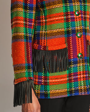 Saint Laurent 80's Vintage Multicolour Tartan Wool Jacket with Black Fringe and Button Details Size FR 34 (UK 6)