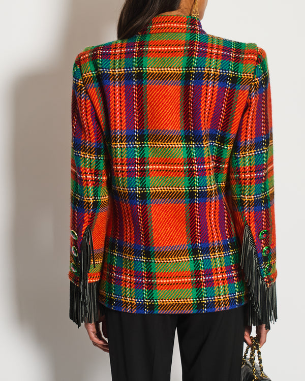 Saint Laurent 80's Vintage Multicolour Tartan Wool Jacket with Black Fringe and Button Details Size FR 34 (UK 6)