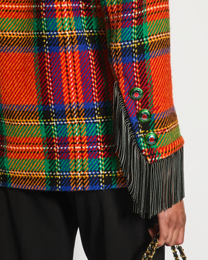 Saint Laurent 80's Vintage Multicolour Tartan Wool Jacket with Black Fringe and Button Details Size FR 34 (UK 6)