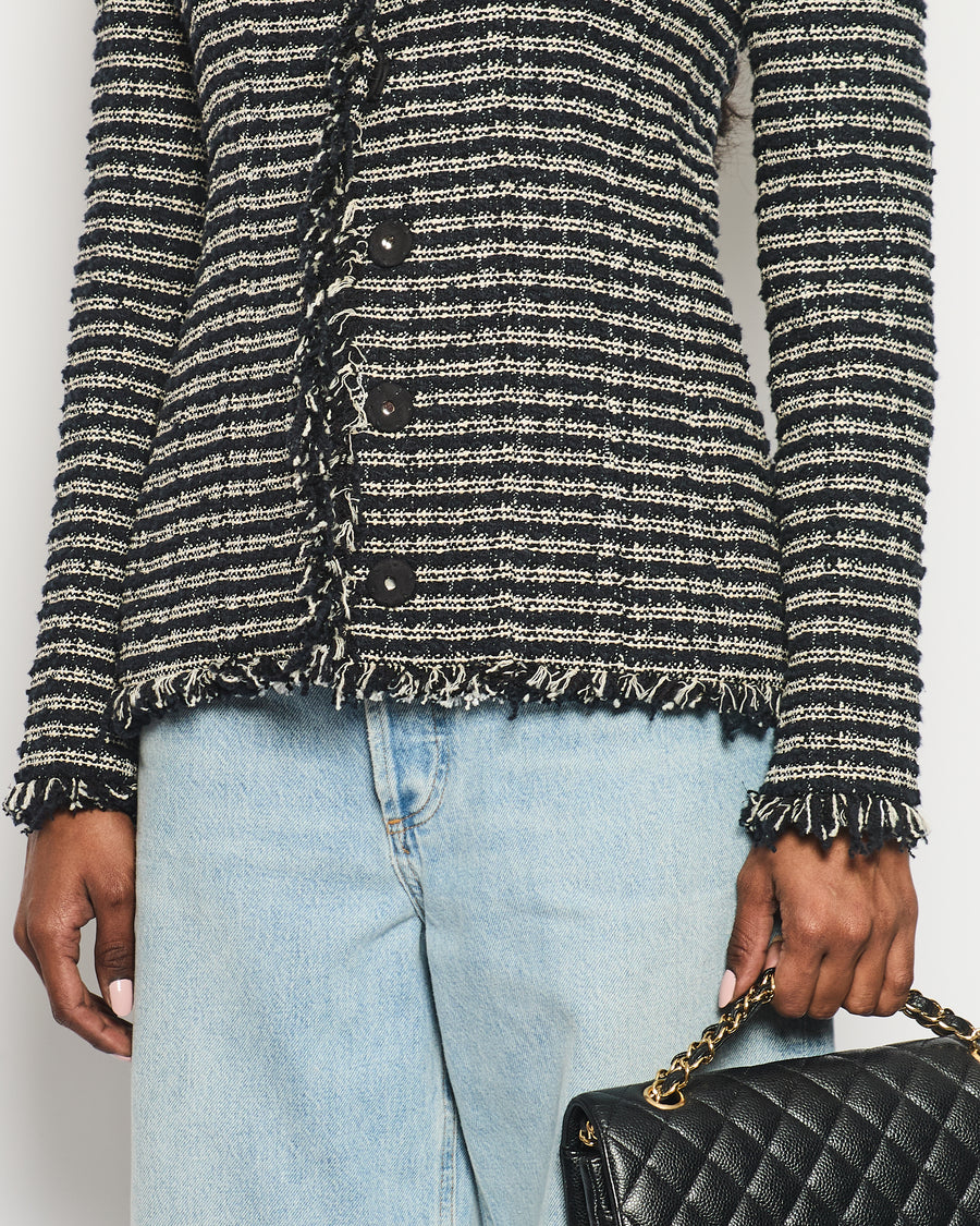 Alexander McQueen Black and White Stripped Frayed Tweed Jacket Size IT 40 (UK 8)