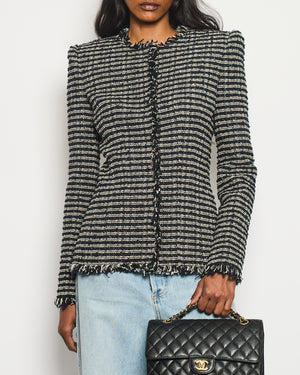 Alexander McQueen Black and White Stripped Frayed Tweed Jacket Size IT 40 (UK 8)