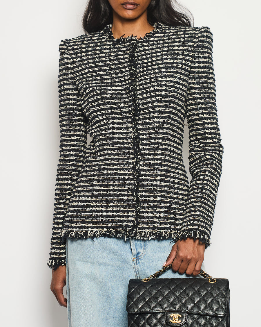 Alexander McQueen Black and White Stripped Frayed Tweed Jacket Size IT 40 (UK 8)