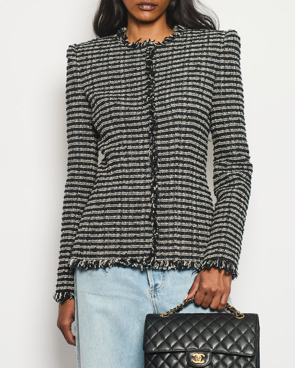Alexander McQueen Black and White Stripped Frayed Tweed Jacket Size IT 40 (UK 8)