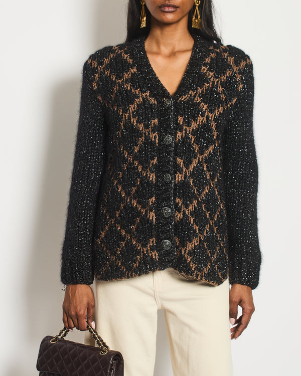 Chanel Black and Brown Quilted Mohair Cardigan with Silver Threads and Black Chain Button Details Size FR 34 (UK 6)