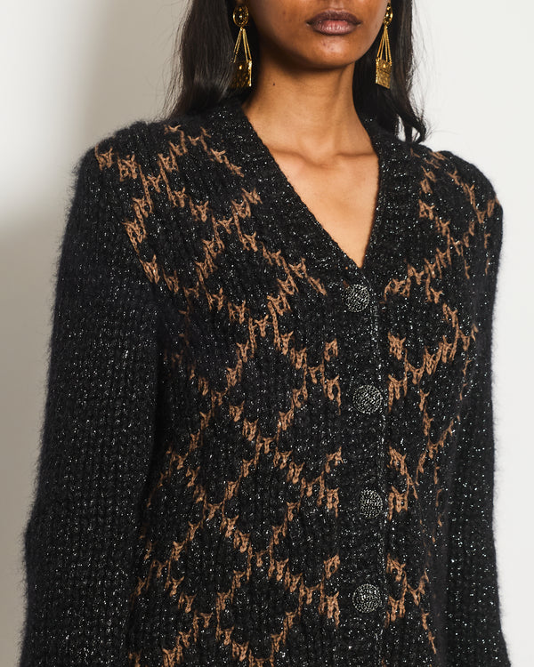 Chanel Black and Brown Quilted Mohair Cardigan with Silver Threads and Black Chain Button Details Size FR 34 (UK 6)