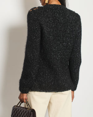 Chanel Black and Brown Quilted Mohair Cardigan with Silver Threads and Black Chain Button Details Size FR 34 (UK 6)