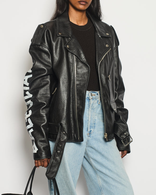 Balenciaga Black Leather Biker Jacket with Logo and Buckle Details Size IT 46 (UK 14) RRP £5,000