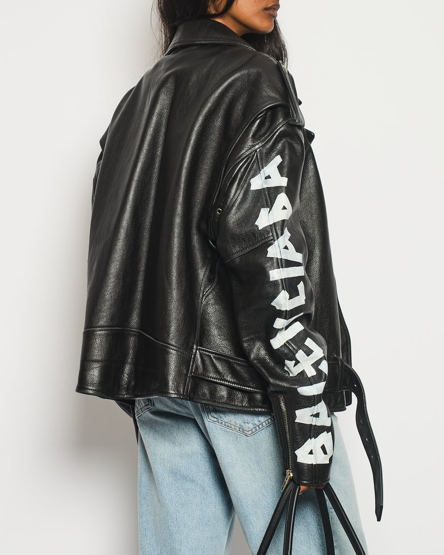 Balenciaga Black Leather Biker Jacket with Logo and Buckle Details Size IT 46 (UK 14) RRP £5,000