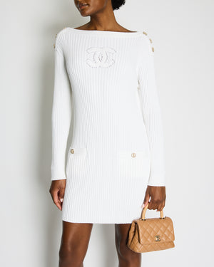 Chanel 20P White Ribbed Long Sleeve Mini Dress with CC Logo Buttons FR 42 (Size 14)