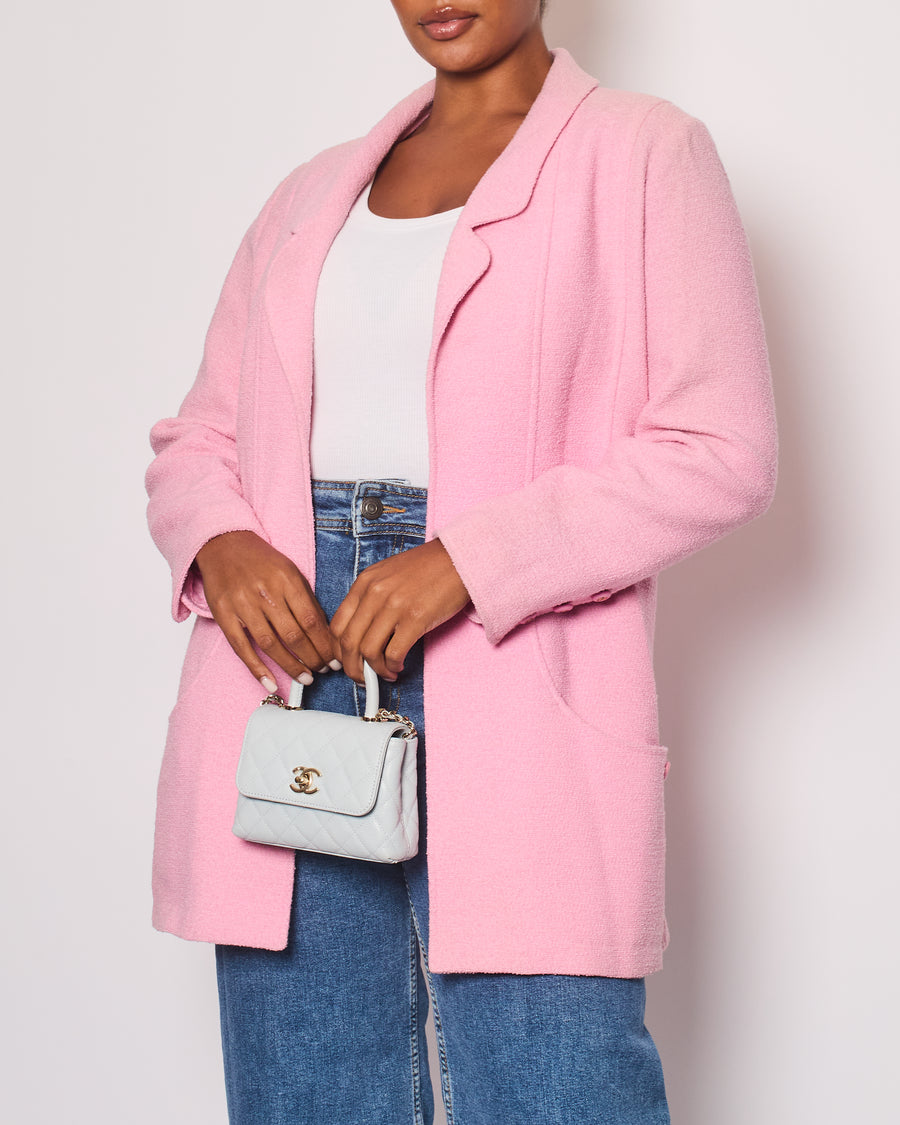Chanel 94P Pink Longline Tweed Jacket with Gold CC Logo Button Details, Size FR 40 (UK 12)