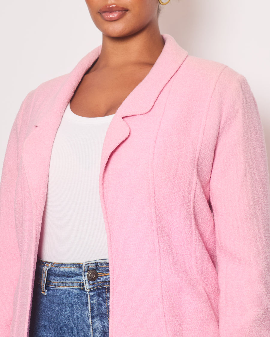 Chanel 94P Pink Longline Tweed Jacket with Gold CC Logo Button Details, Size FR 40 (UK 12)