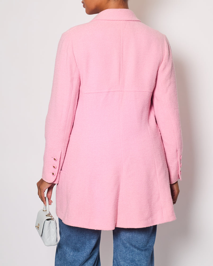 Chanel 94P Pink Longline Tweed Jacket with Gold CC Logo Button Details, Size FR 40 (UK 12)