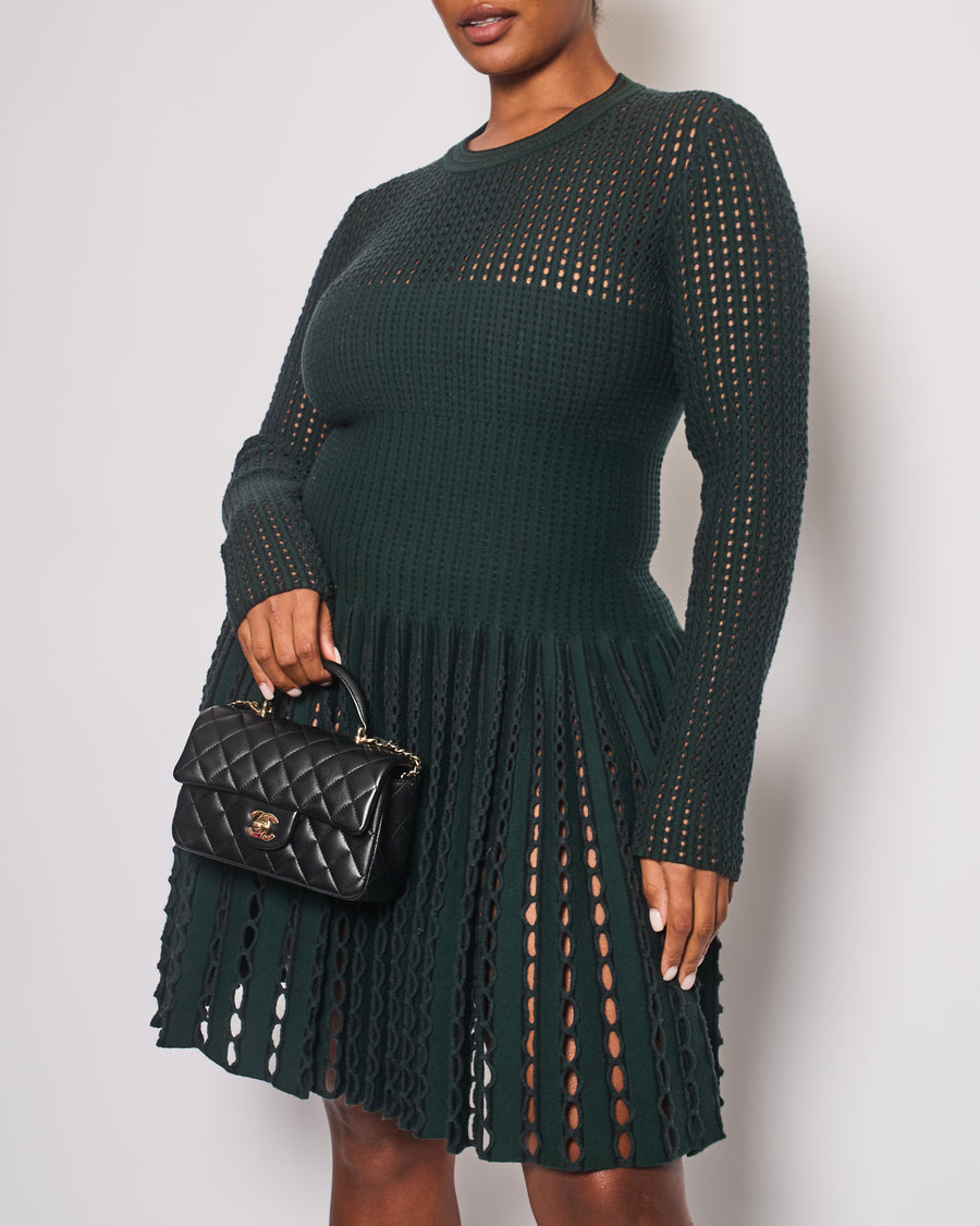 Alaïa Green Long Sleeve Knit Mini Dress with Cut Out Details Size FR 44 (UK 16)