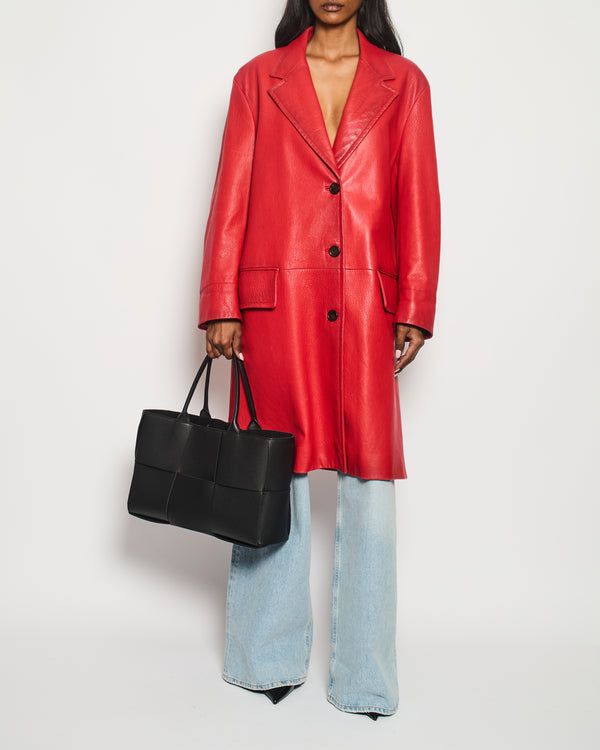 Prada Red Lambskin Leather Coat with Black Button Details Size IT 42 (UK 10)