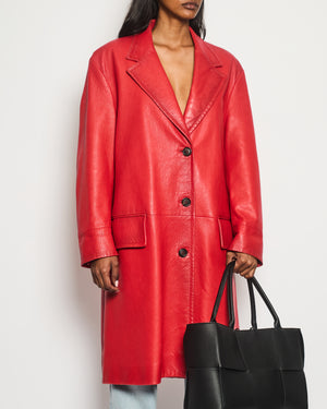 Prada Red Lambskin Leather Coat with Black Button Details Size IT 42 (UK 10)