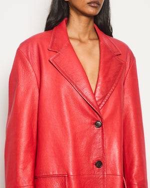 Prada Red Lambskin Leather Coat with Black Button Details Size IT 42 (UK 10)