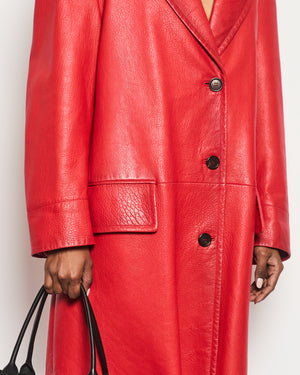 Prada Red Lambskin Leather Coat with Black Button Details Size IT 42 (UK 10)