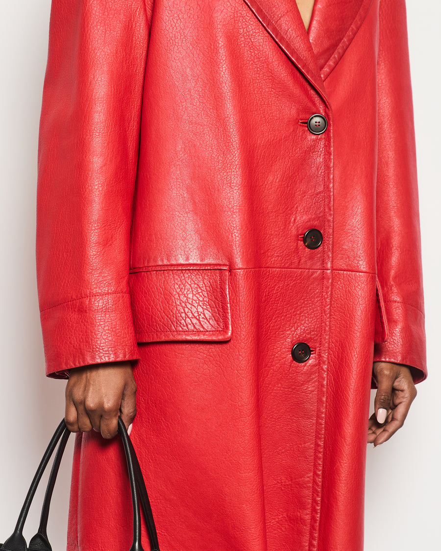 Prada Red Lambskin Leather Coat with Black Button Details Size IT 42 (UK 10)