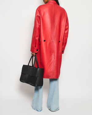 Prada Red Lambskin Leather Coat with Black Button Details Size IT 42 (UK 10)