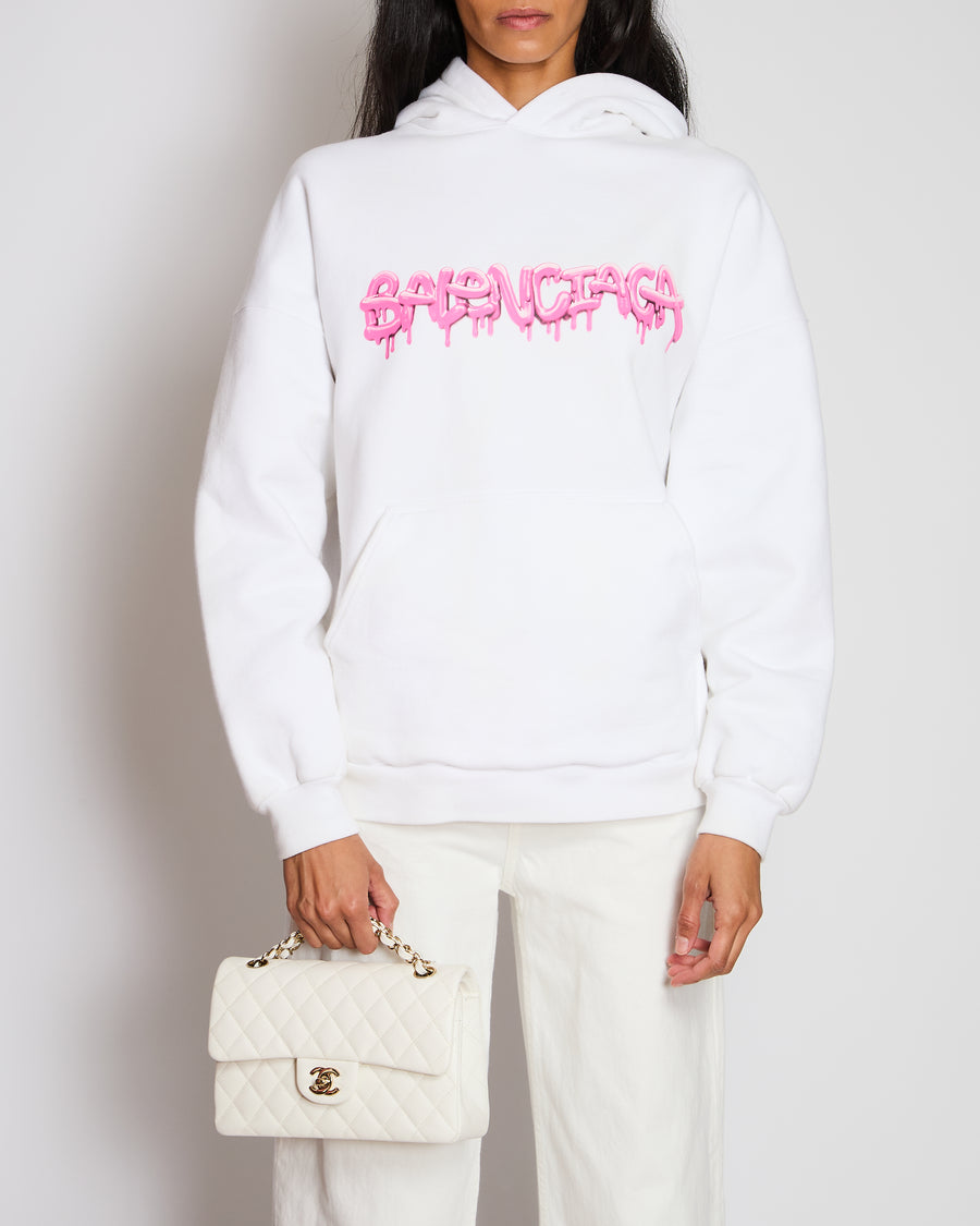 Balenciaga White Hooded Sweater with Pink Logo Size L (UK 10/12) RRP £1,100