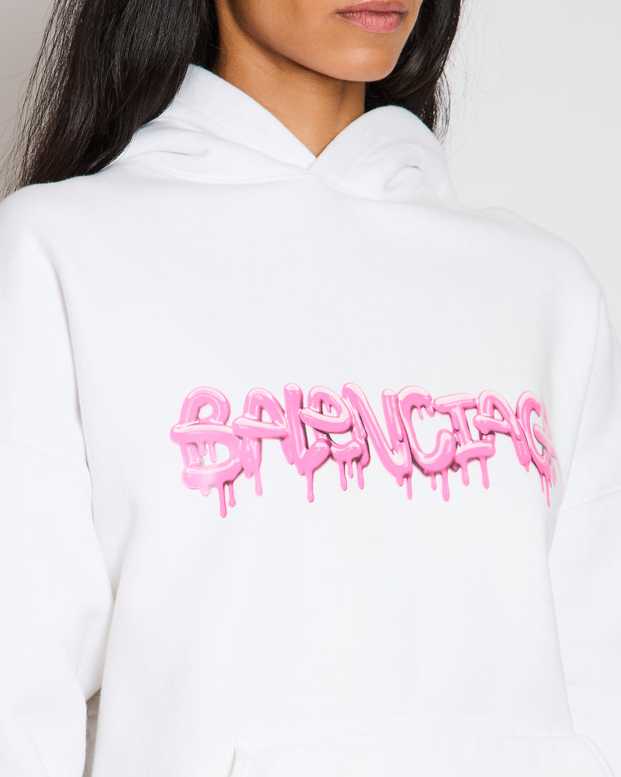 Balenciaga White Hooded Sweater with Pink Logo Size L (UK 10/12) RRP £1,100