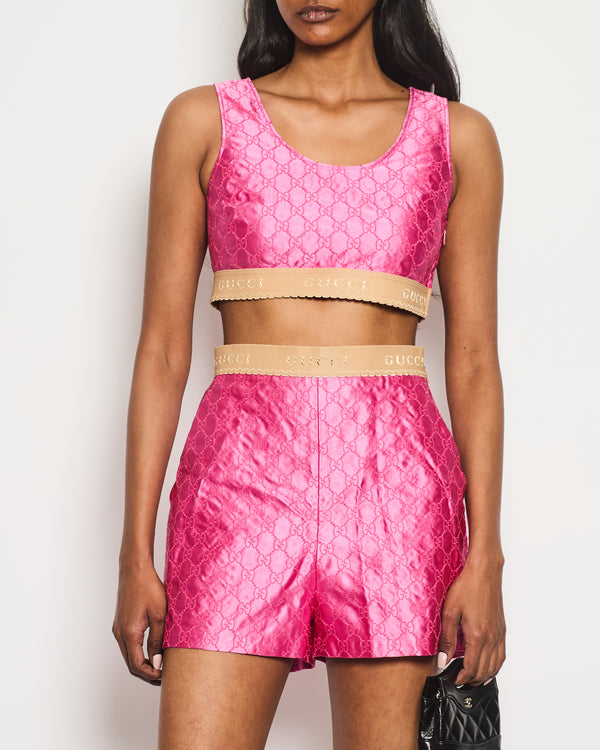 Gucci Pink Silk Monogram Top Shorts Set with Beige Logo Elasticated Detail Size IT 38 (UK 6)