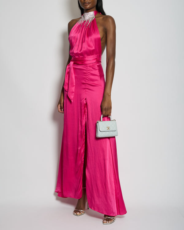 Harmur Silk Fuchsia Maxi Dress with Crystal Neck Detail Size S (UK 8)