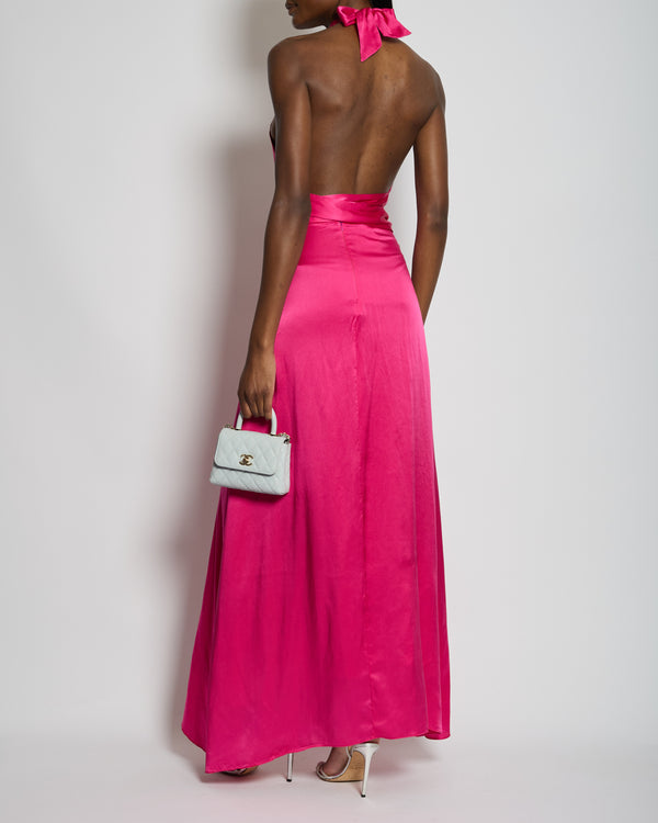 Harmur Silk Fuchsia Maxi Dress with Crystal Neck Detail Size S (UK 8)