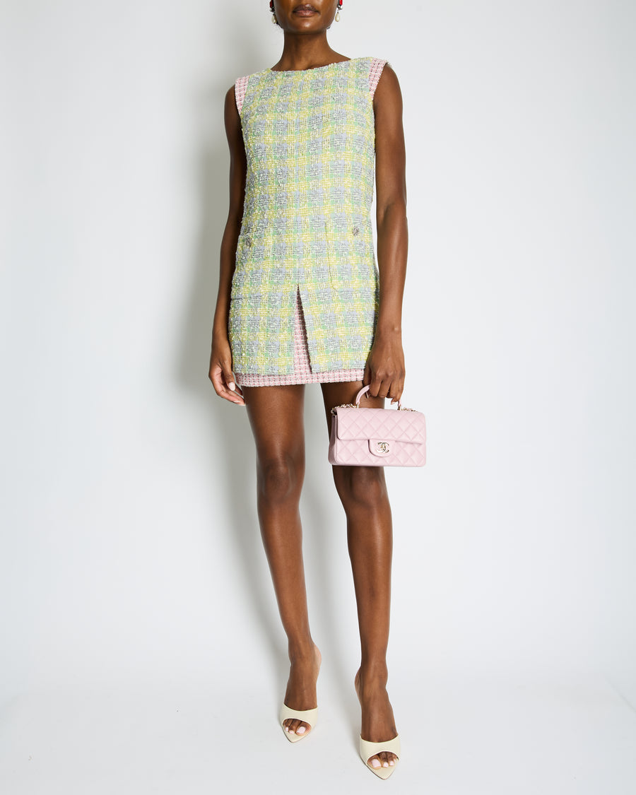 Chanel Yellow, Green Pink Boucle Tweed Shift Dress FR 36 (UK 8)