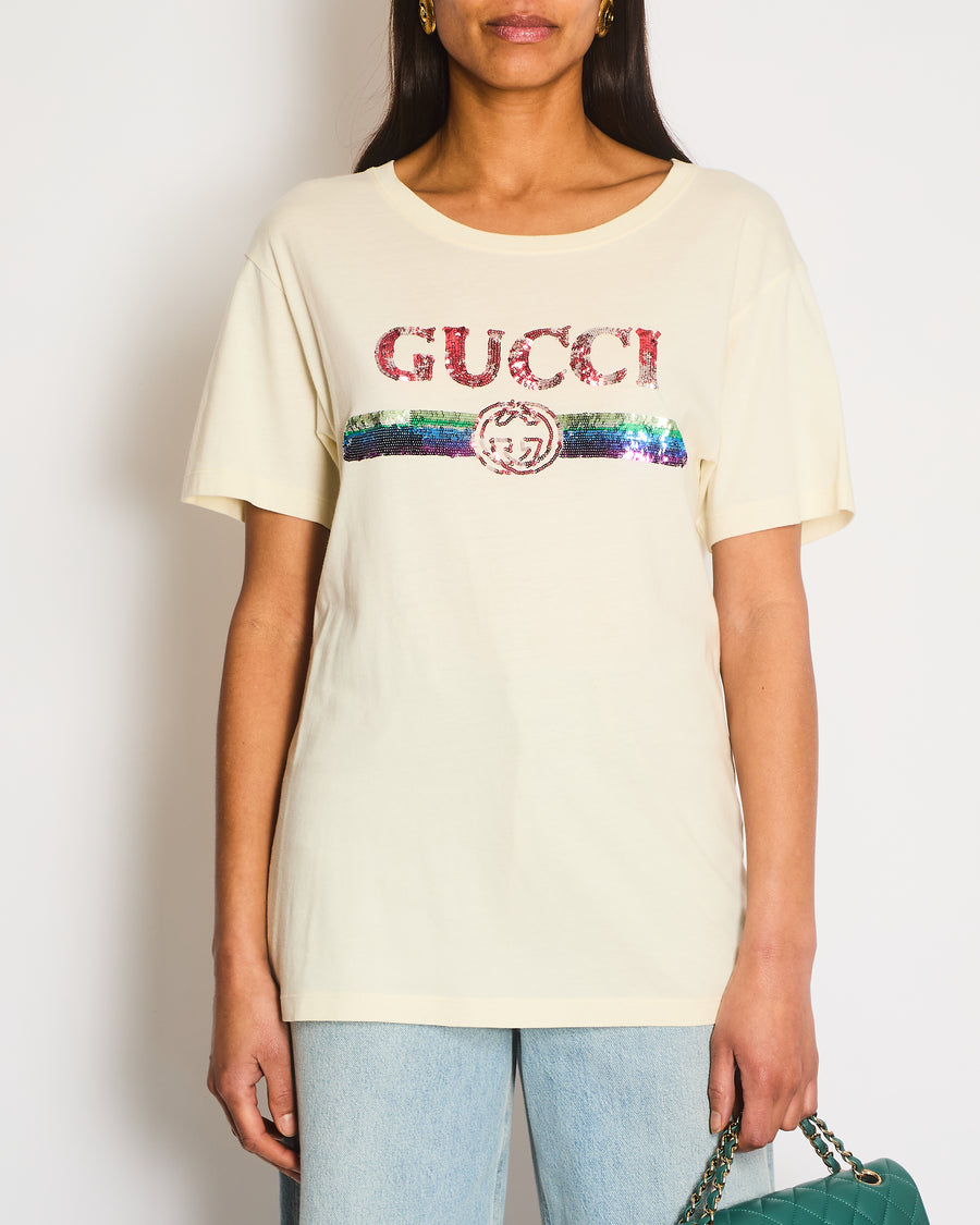 Gucci Cream Glitter Logo Embellished T-Shirt Size XS (UK 6)