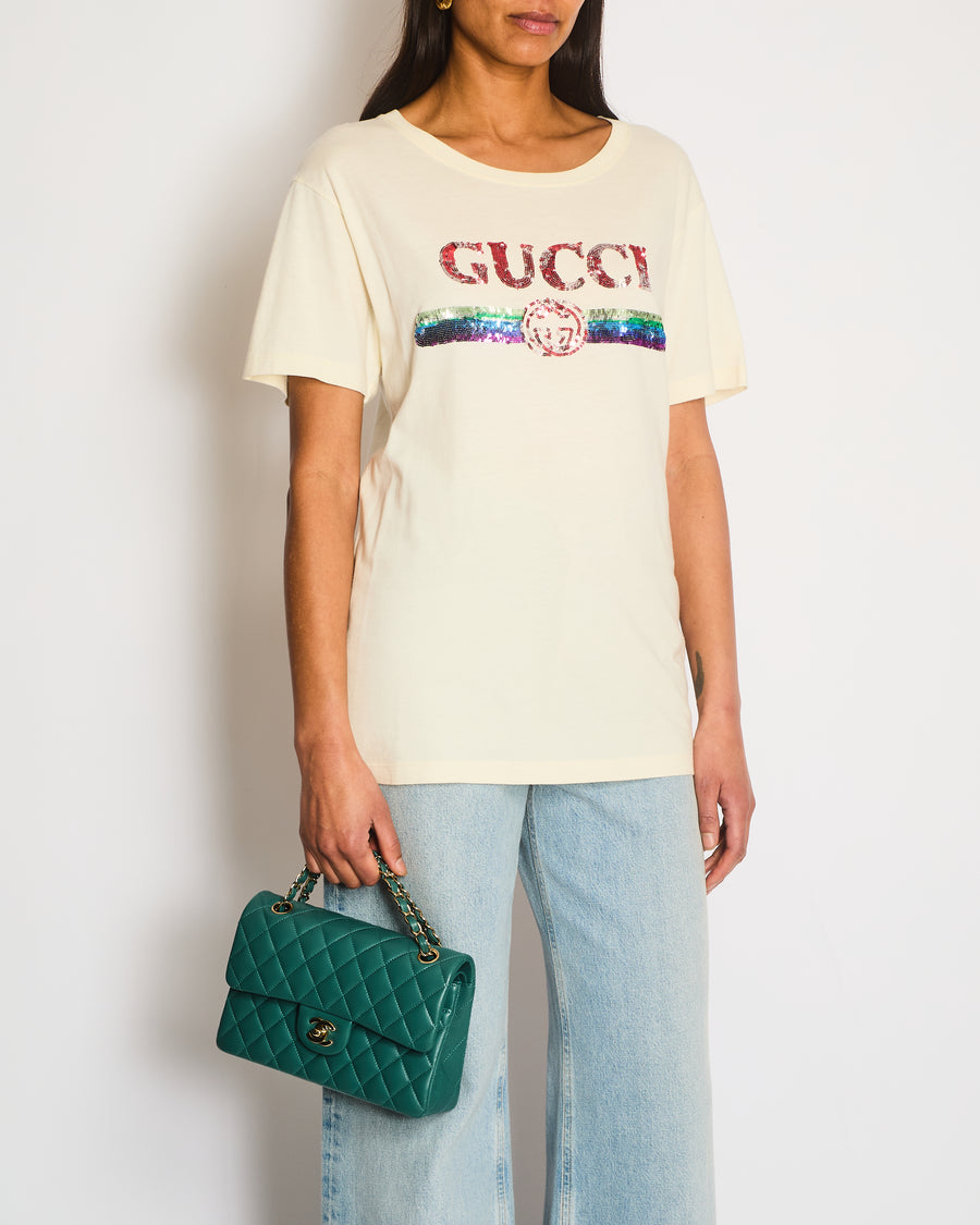 Gucci Cream Glitter Logo Embellished T-Shirt Size XS (UK 6)