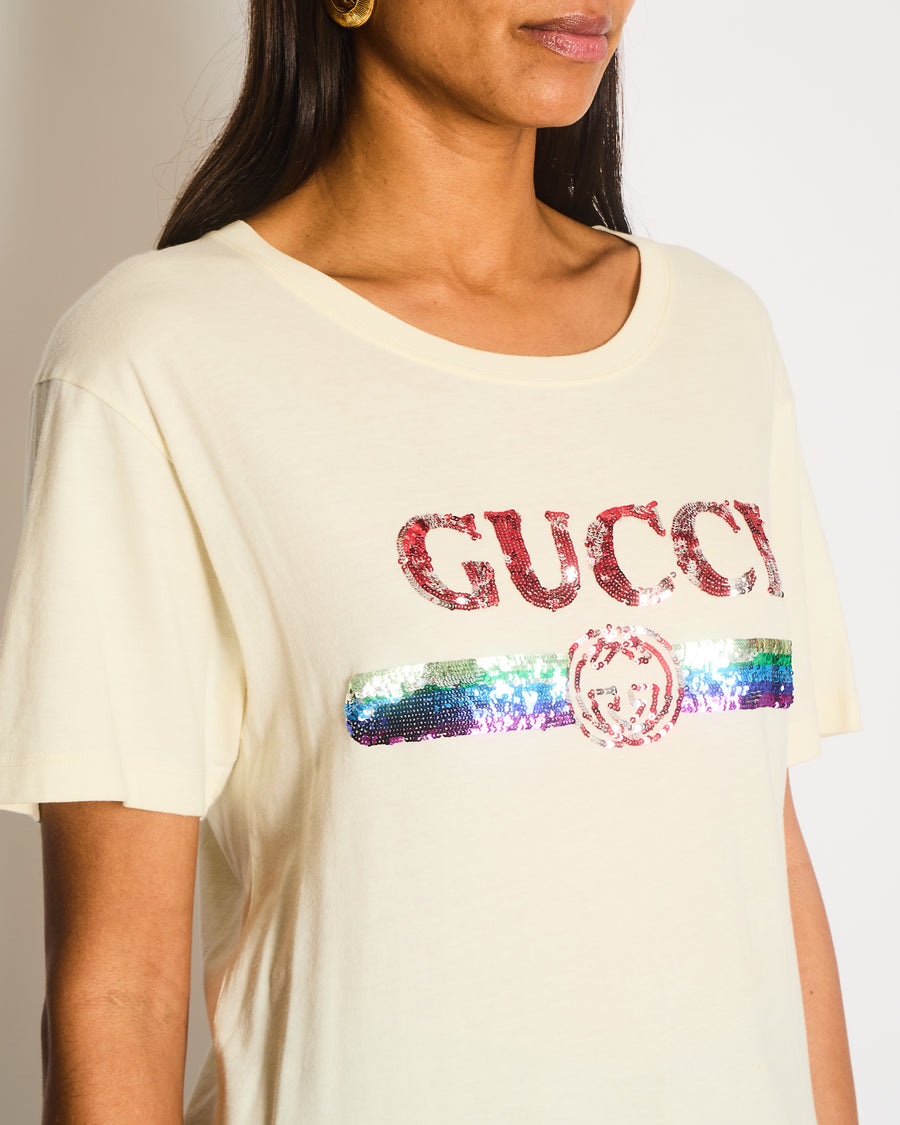 Gucci Cream Glitter Logo Embellished T-Shirt Size XS (UK 6)