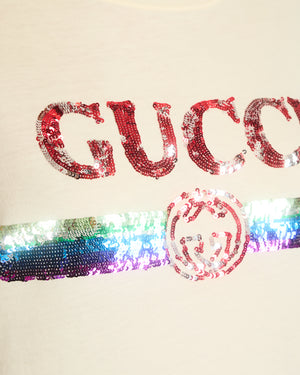 Gucci Cream Glitter Logo Embellished T-Shirt Size XS (UK 6)