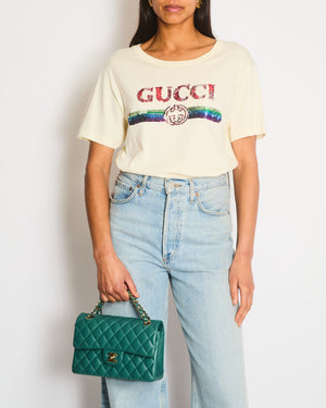 Gucci Cream Glitter Logo Embellished T-Shirt Size XS (UK 6)