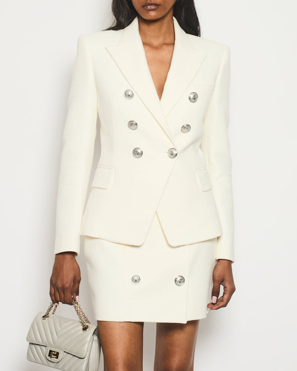 Balmain Cream Woven Blazer Jacket and Mini Skirt Set With Silver Logo Buttons Size FR 36 (UK 8)